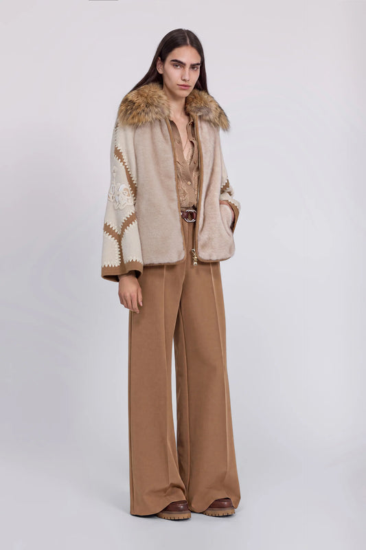Ermanno Firenze Pelliccia Ecologica Maniche Patchwork Collo Pelliccia