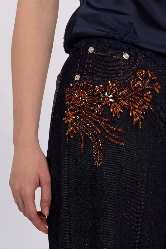 Ermanno Firenze Denim Flare Ricami Gioiello