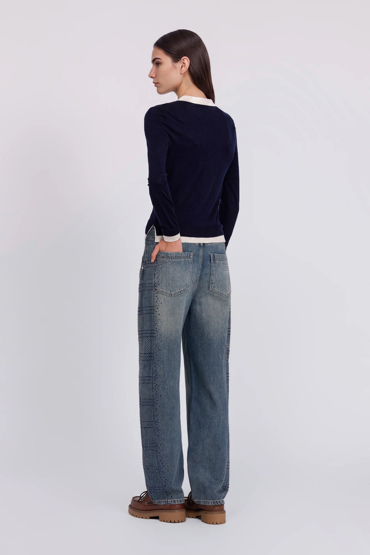Ermanno Firenze Jeans Carrot Con Check Cristalli Sui Fianchi