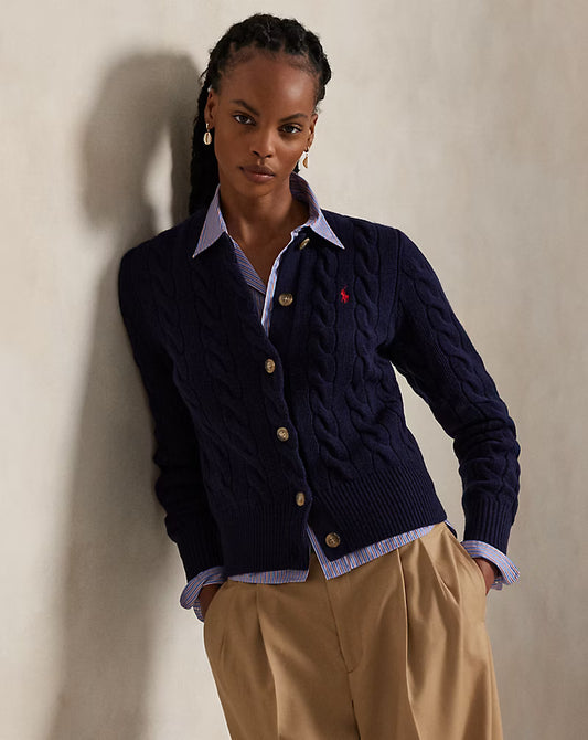 Polo Ralph Lauren Cardigan A Trecce Lana Cashmere Blu Cacciatore