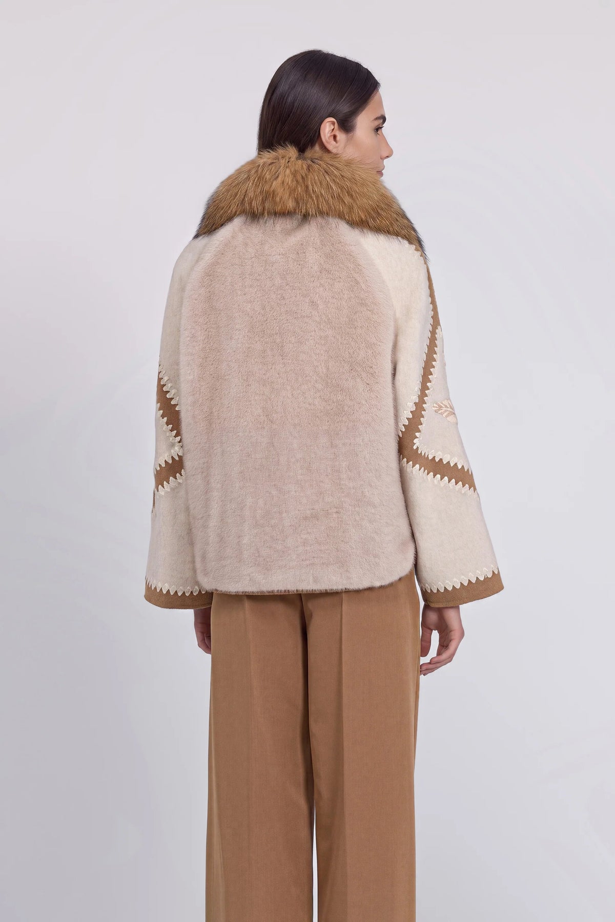 Ermanno Firenze Pelliccia Ecologica Maniche Patchwork Collo Pelliccia