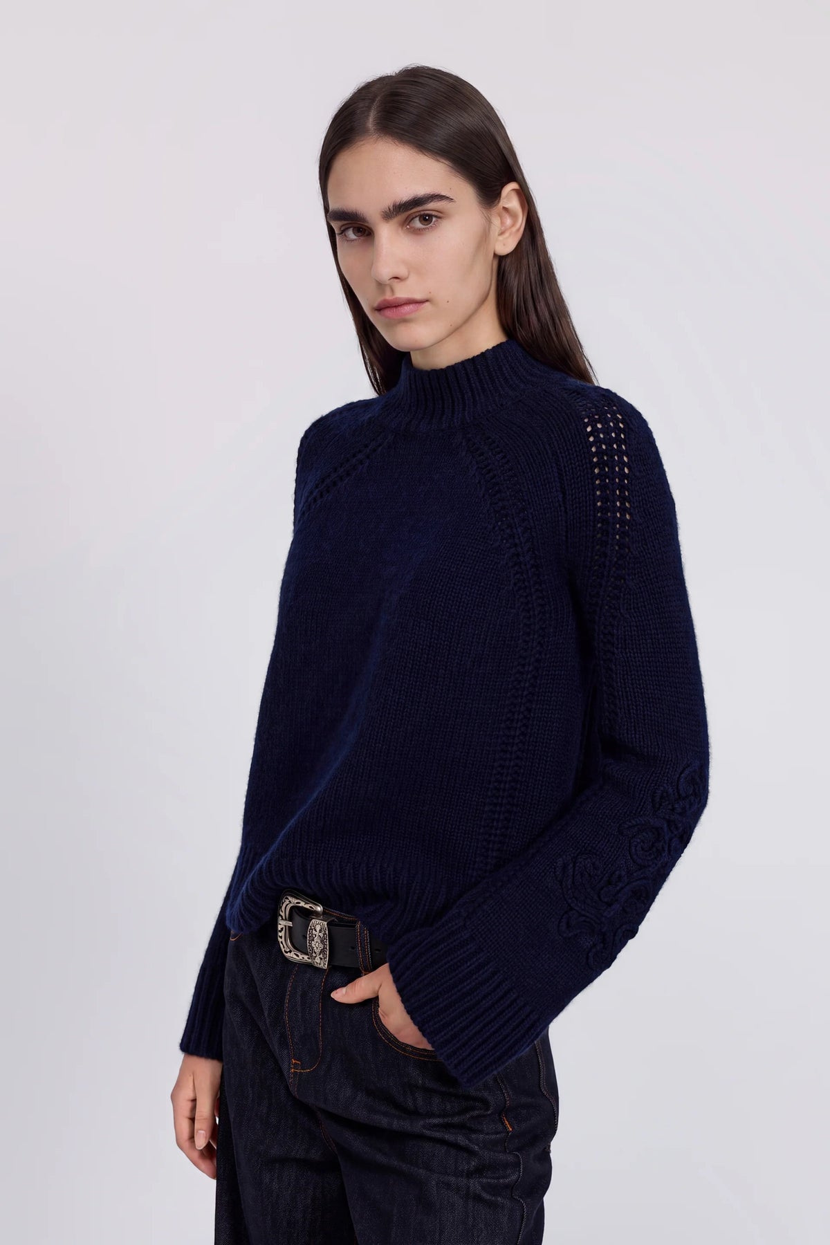 Ermanno Scervino Maglia Collo Alto Misto Cashmere Con Ricami Blu