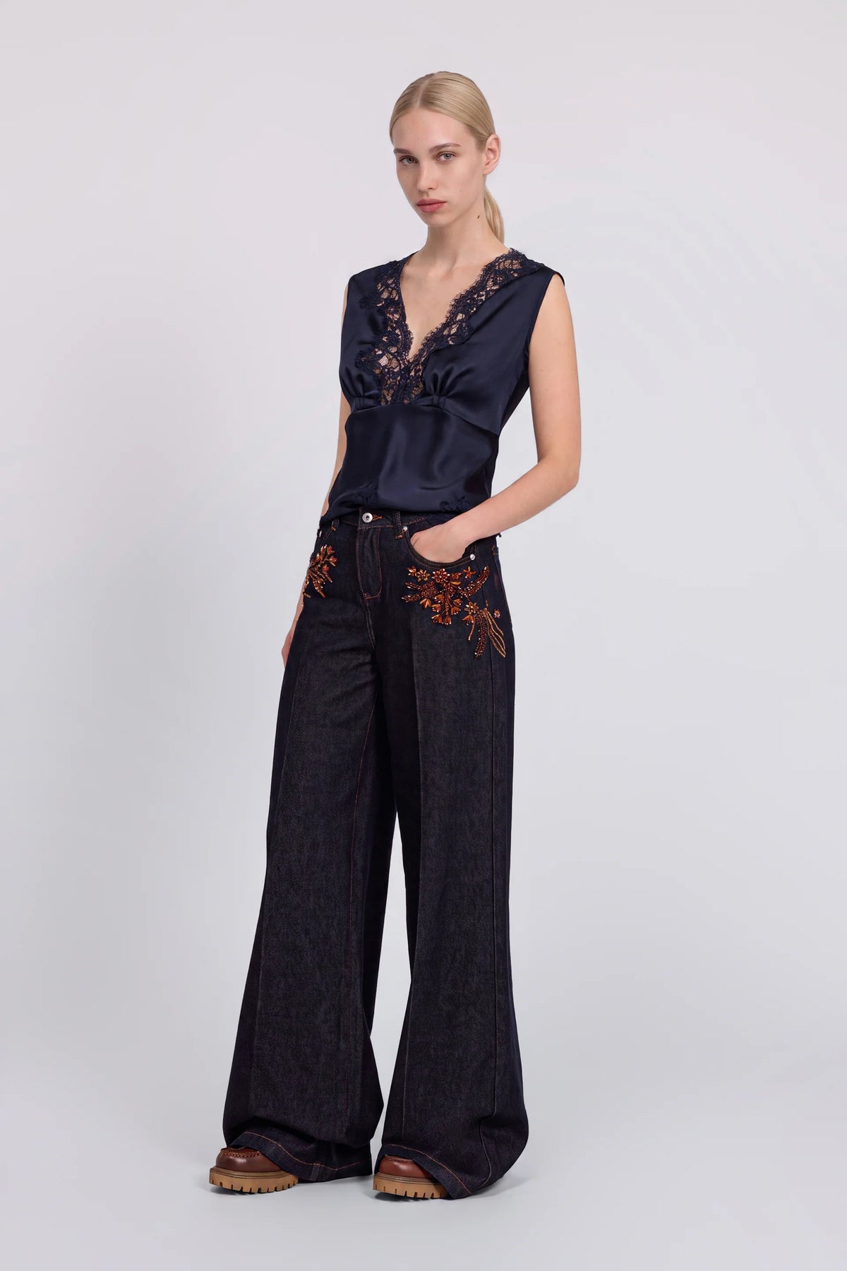 Ermanno Firenze Denim Flare Ricami Gioiello