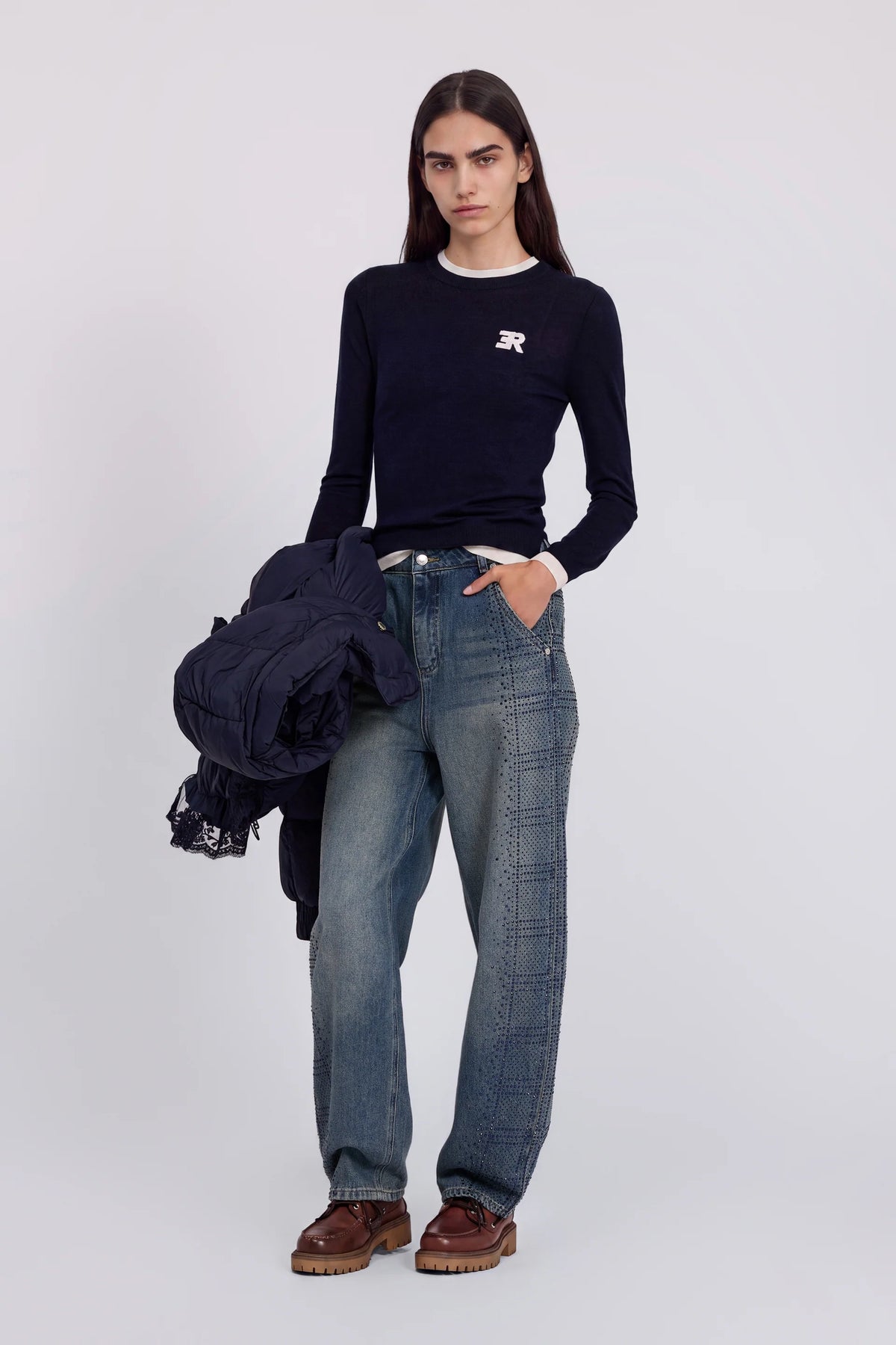 Ermanno Firenze Jeans Carrot Con Check Cristalli Sui Fianchi
