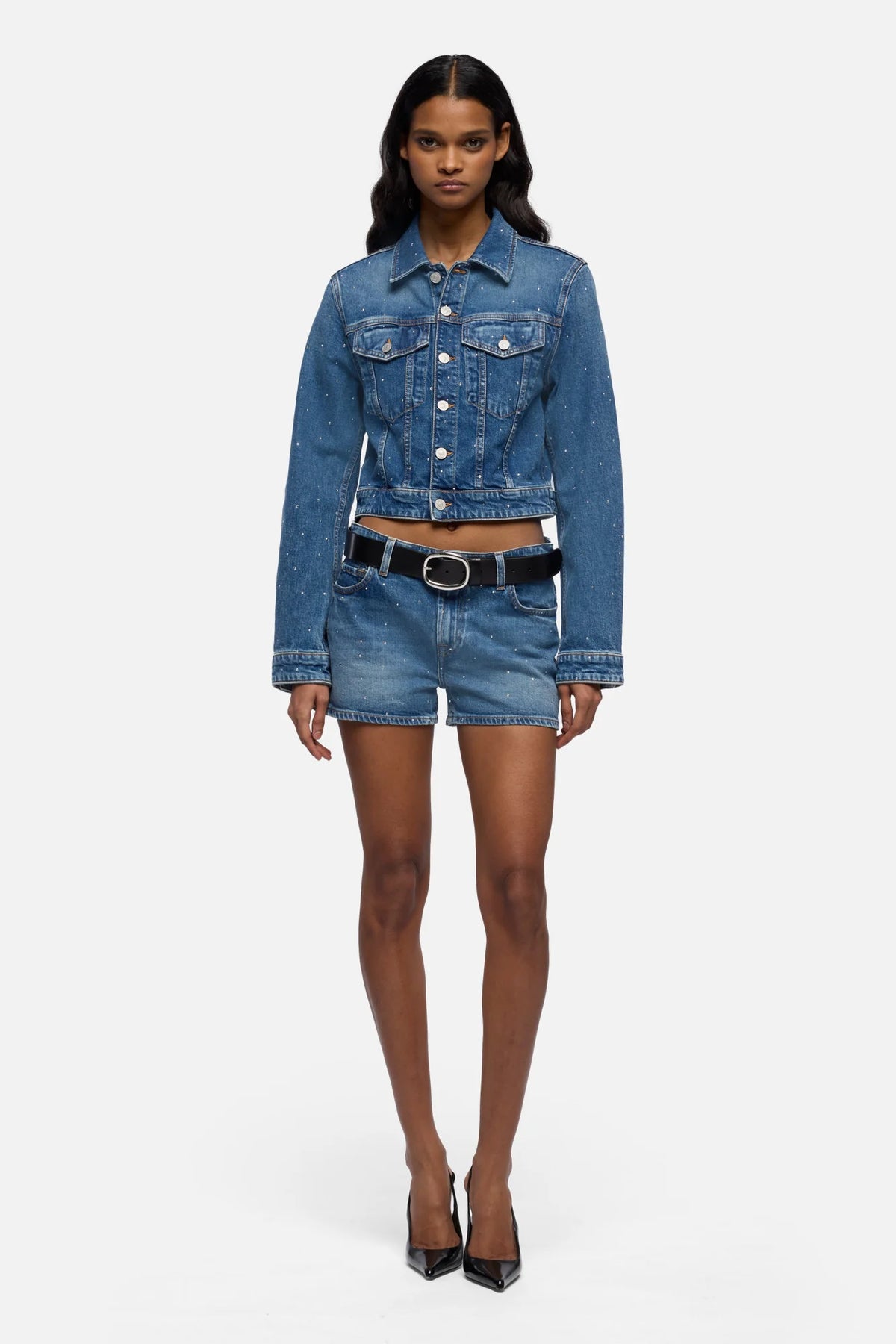 7 For All Mankind Giubbo Denim Embellished Shrunken Jacket