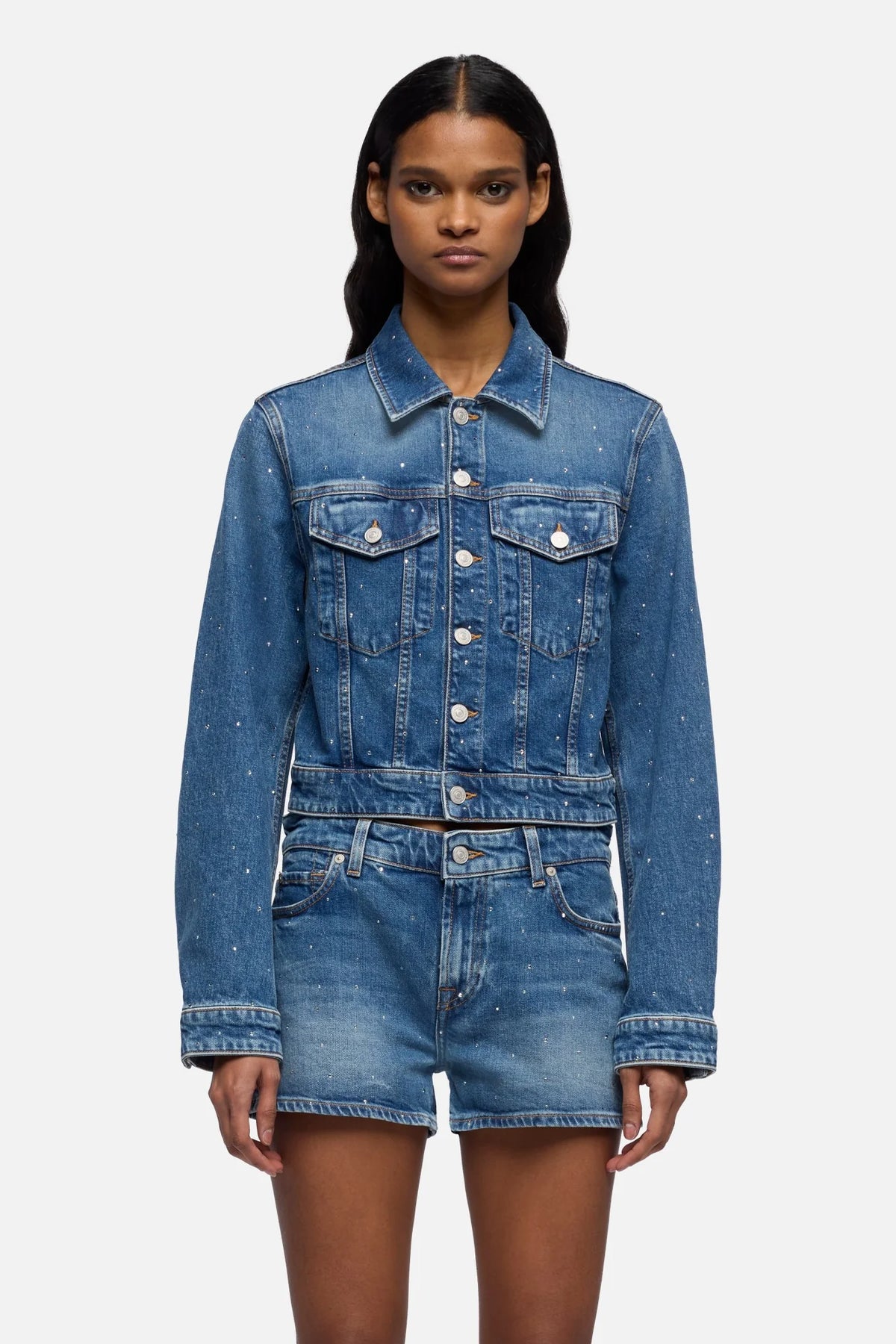 7 For All Mankind Giubbo Denim Embellished Shrunken Jacket