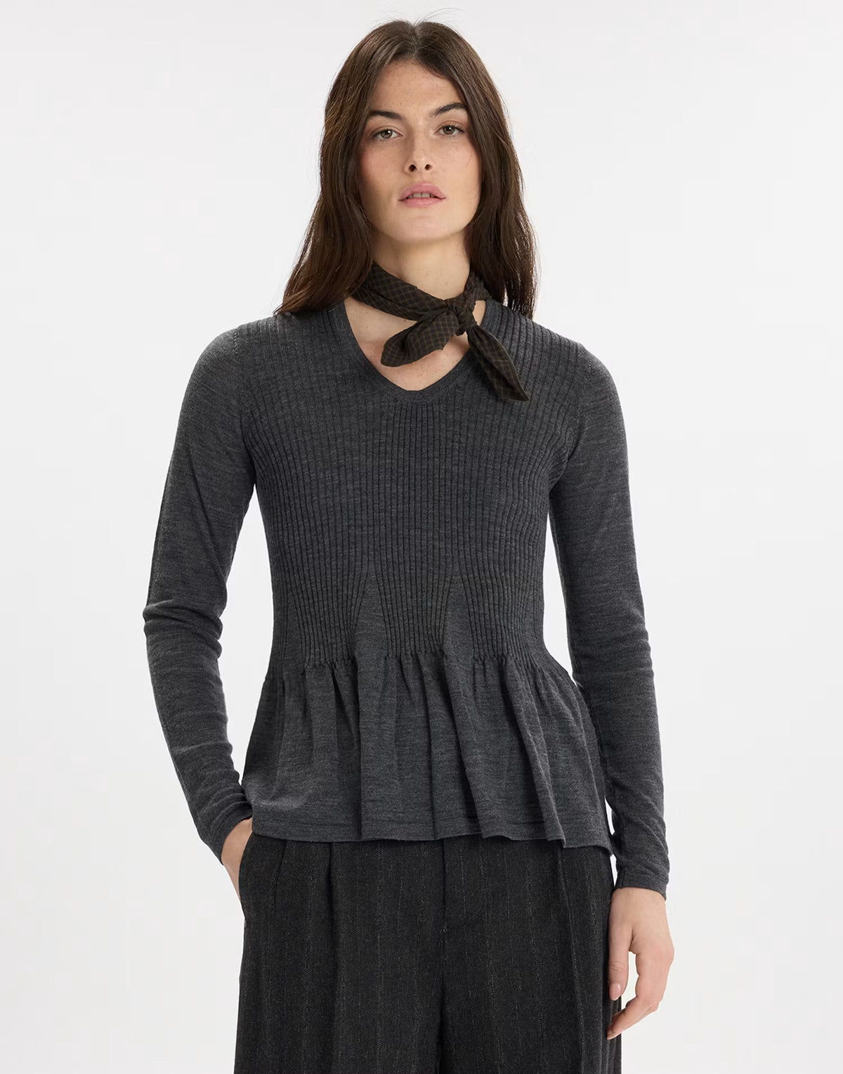High Maglia a V Lana Grigio Piombo