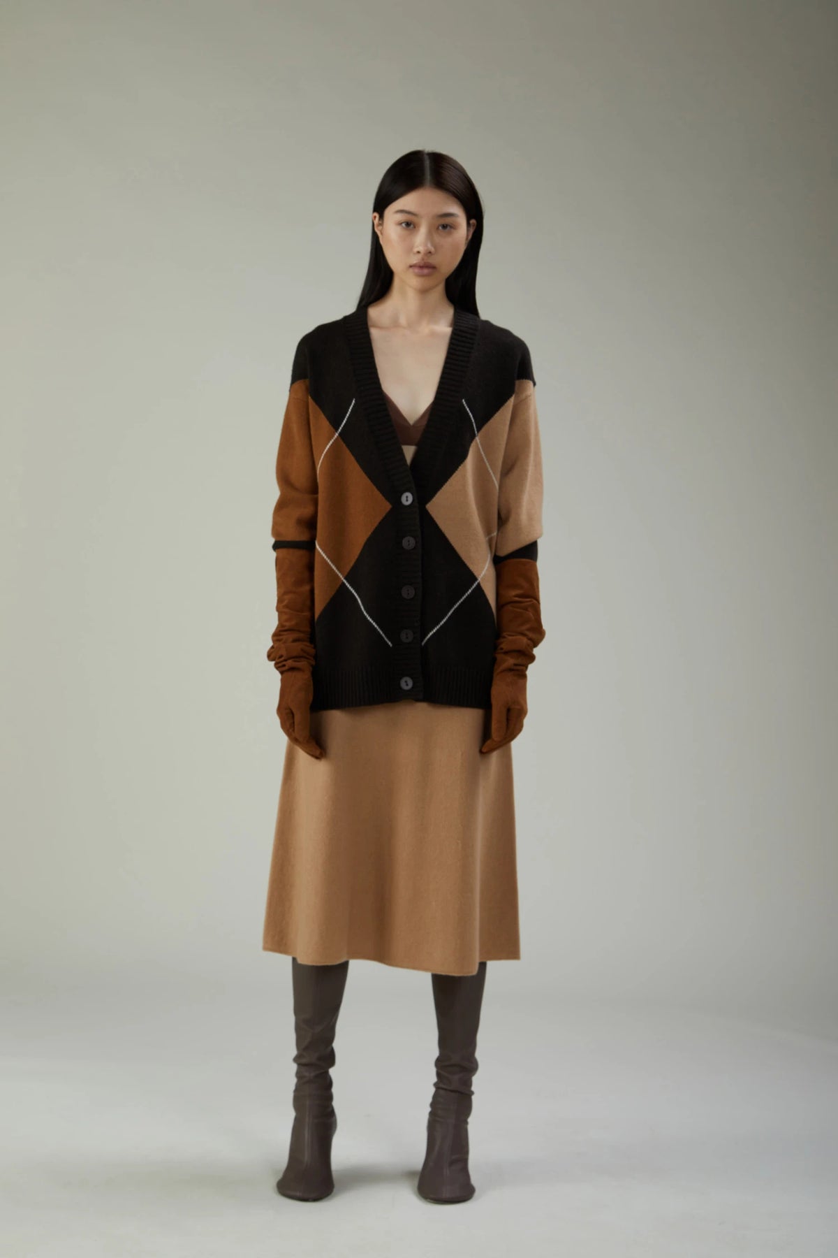 Kangra Cardigan  Con Intarsio a Rombi Lana Cashmere Ebano