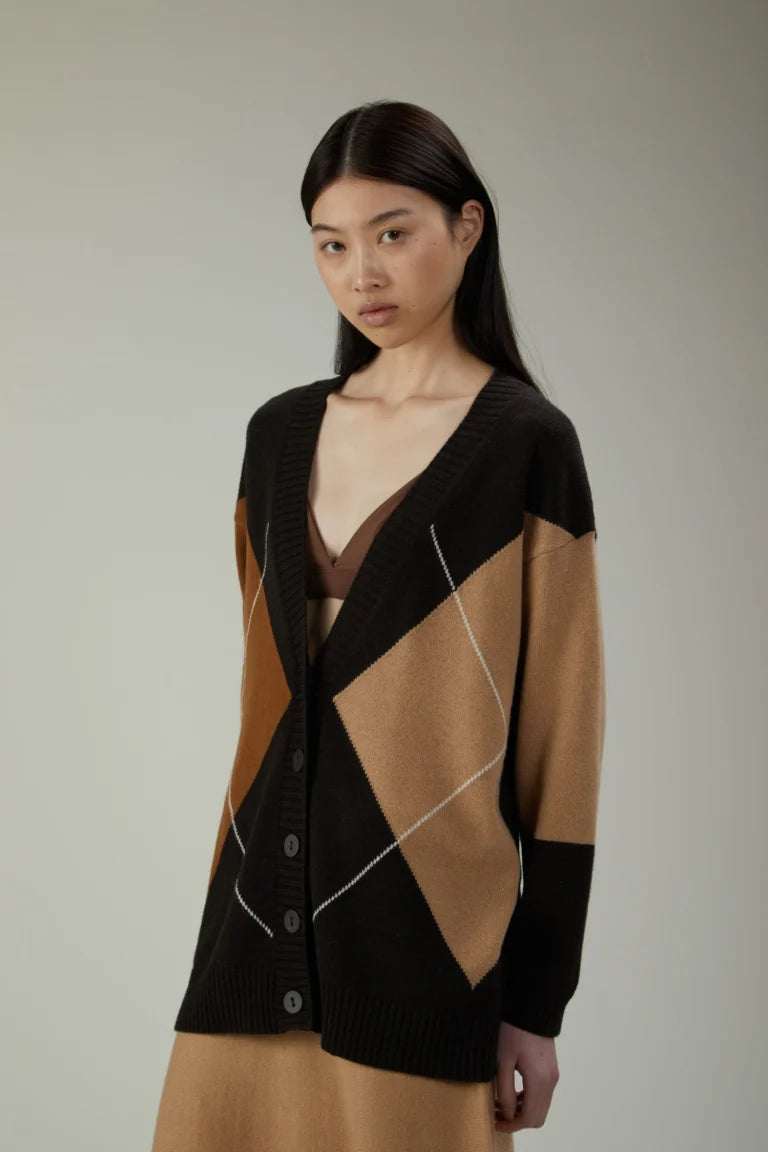 Kangra Cardigan  Con Intarsio a Rombi Lana Cashmere Ebano