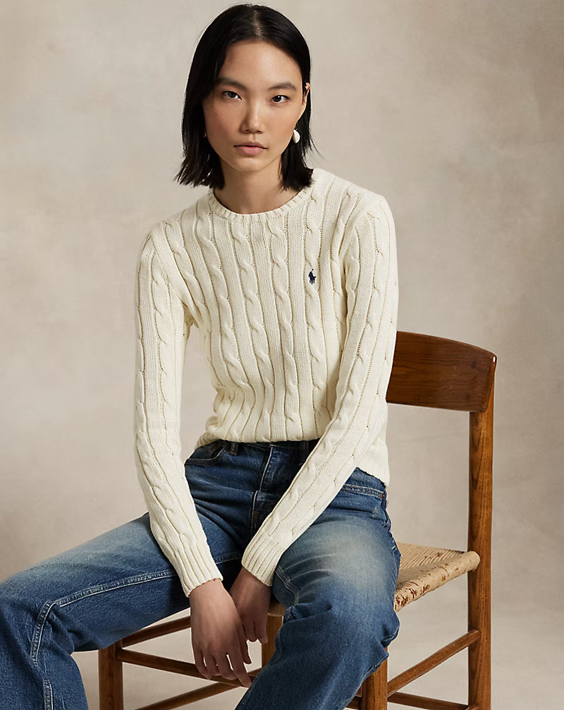 Polo Ralph Lauren Maglia Girocollo a Trecce Lana Cashmere Panna