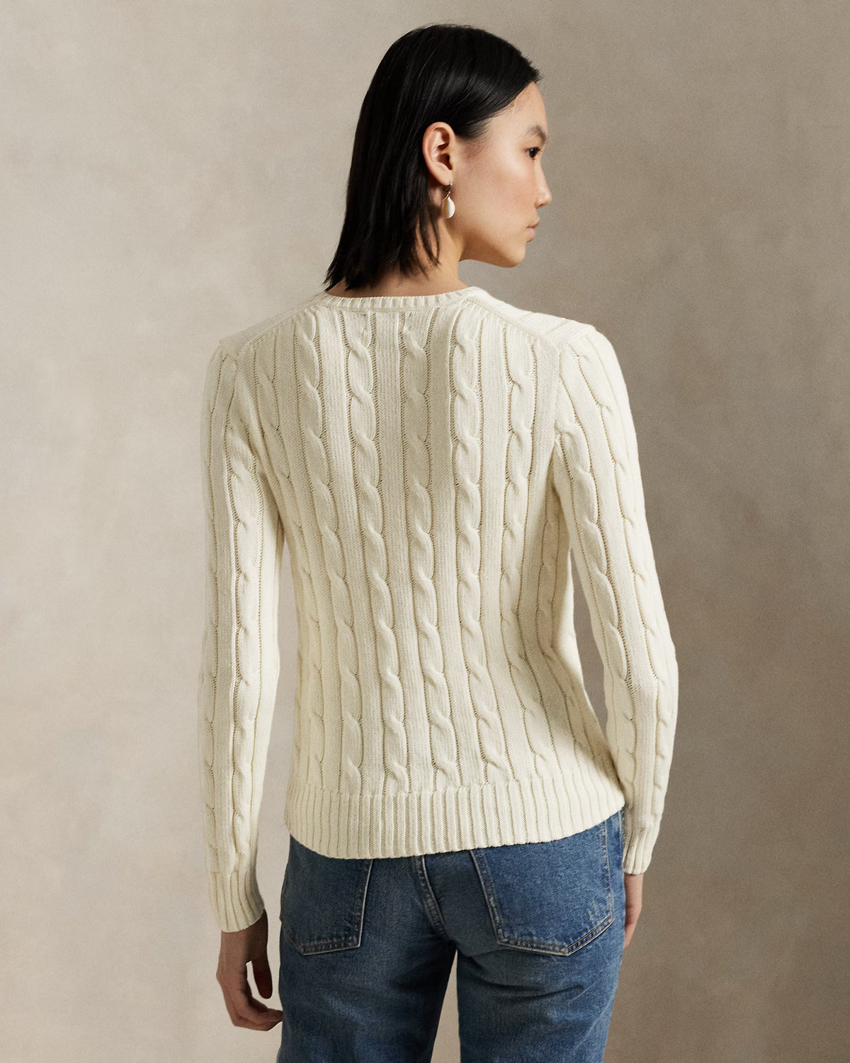 Polo Ralph Lauren Maglia Girocollo a Trecce Lana Cashmere Panna