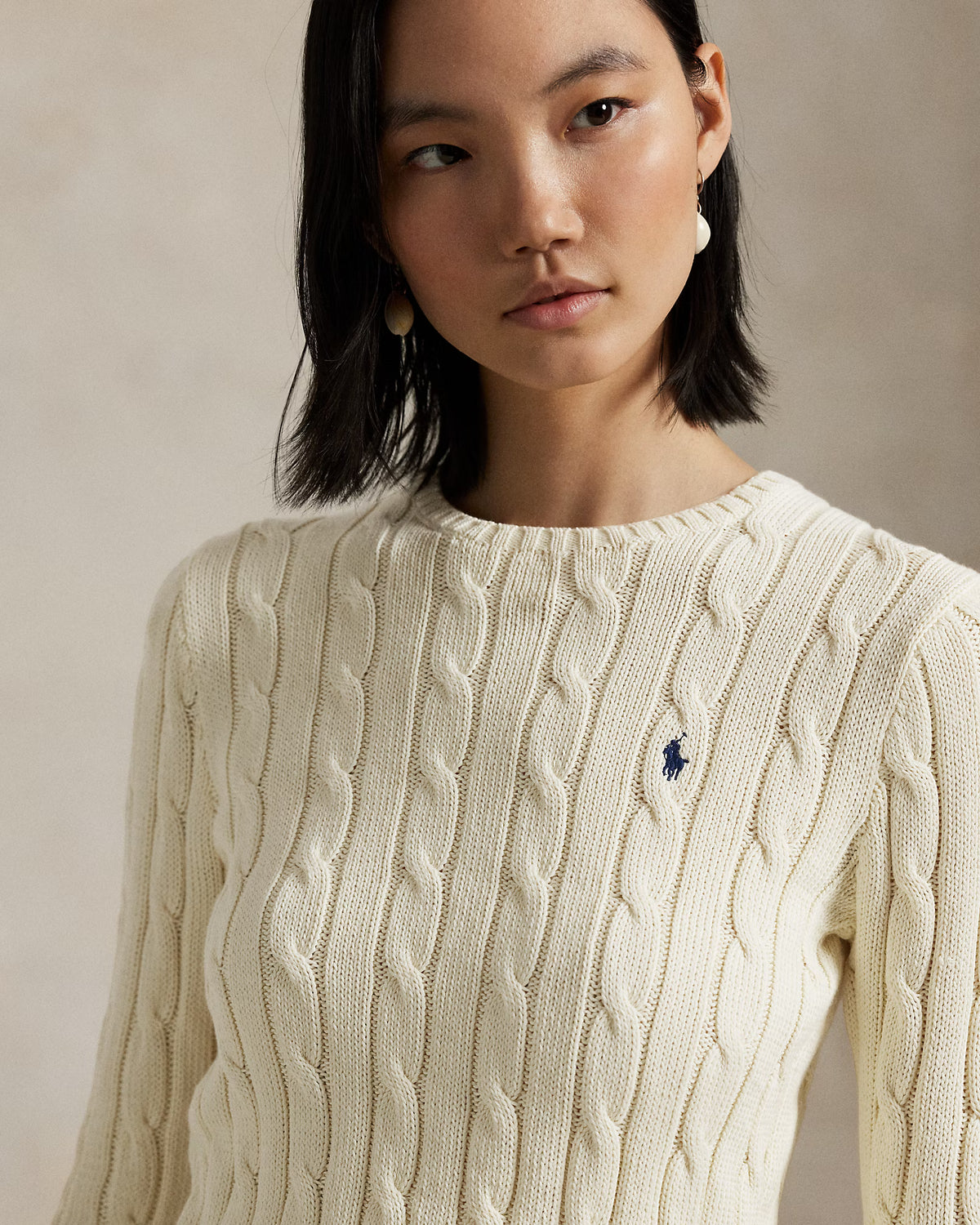 Polo Ralph Lauren Maglia Girocollo a Trecce Lana Cashmere Panna