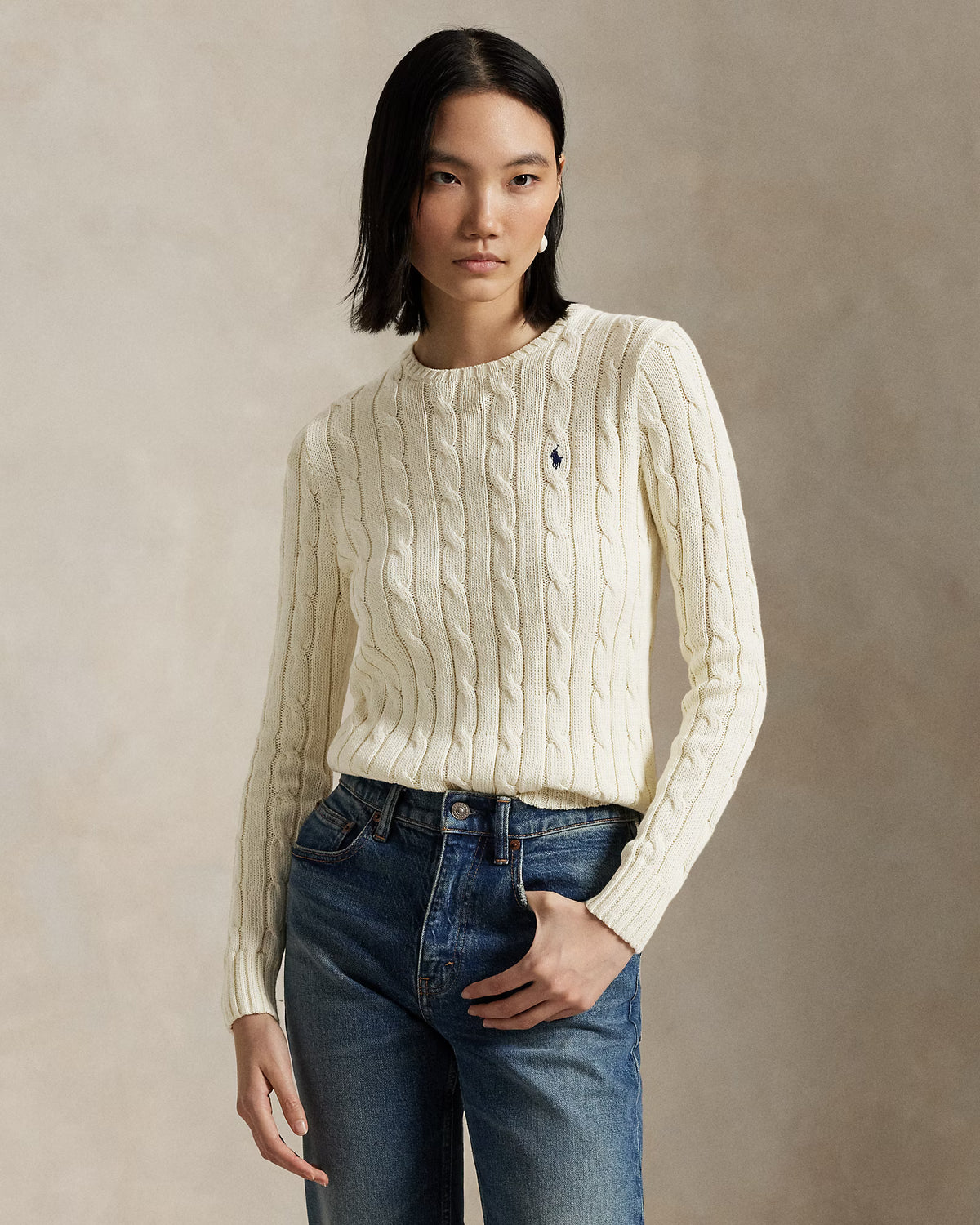 Polo Ralph Lauren Maglia Girocollo a Trecce Lana Cashmere Panna
