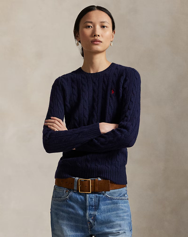 Polo Ralph Lauren Maglia Girocollo Trecce Lana Cashmere Blu Cacciatore