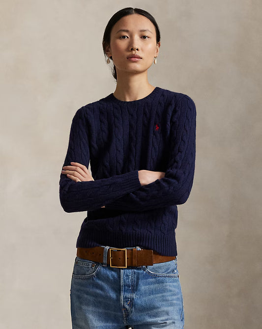 Polo Ralph Lauren Maglia Girocollo Trecce Lana Cashmere Blu Cacciatore