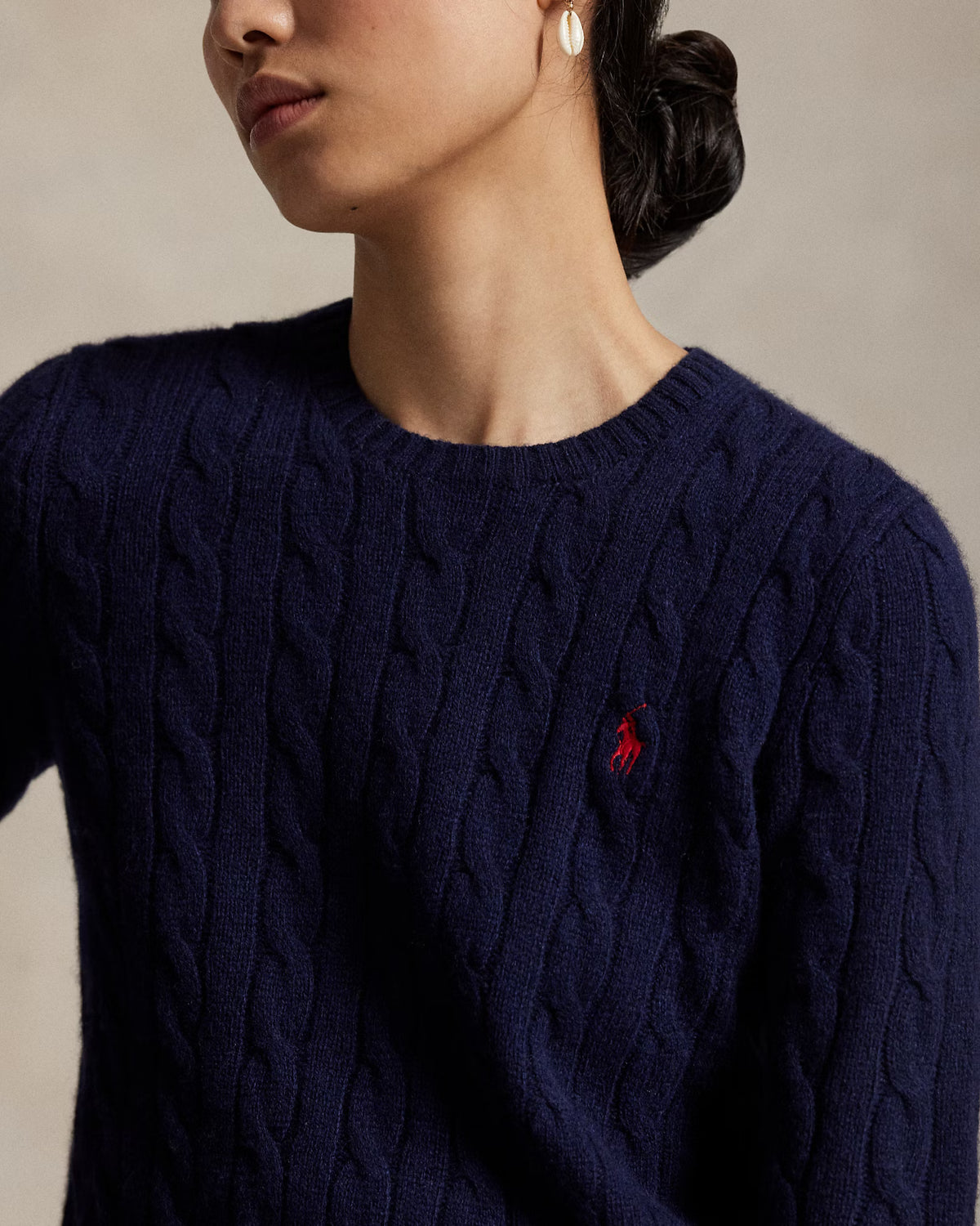 Polo Ralph Lauren Maglia Girocollo Trecce Lana Cashmere Blu Cacciatore