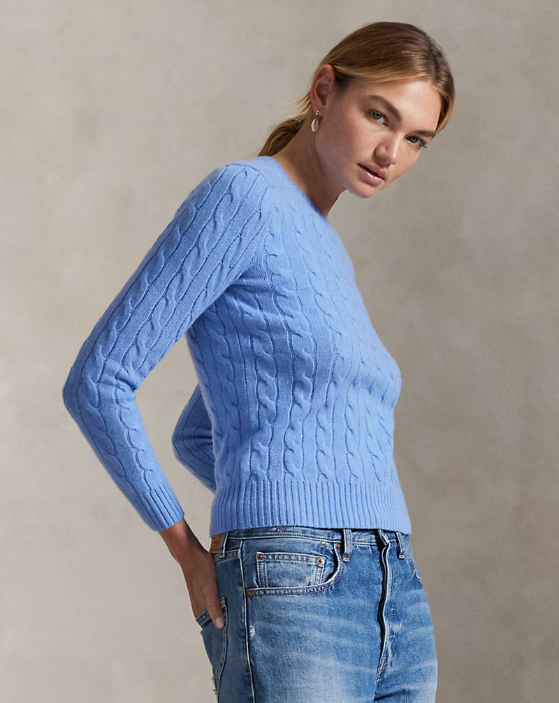 Polo Ralph Lauren Maglia Girocollo Trecce Lana Cashmere Blu Litchfield
