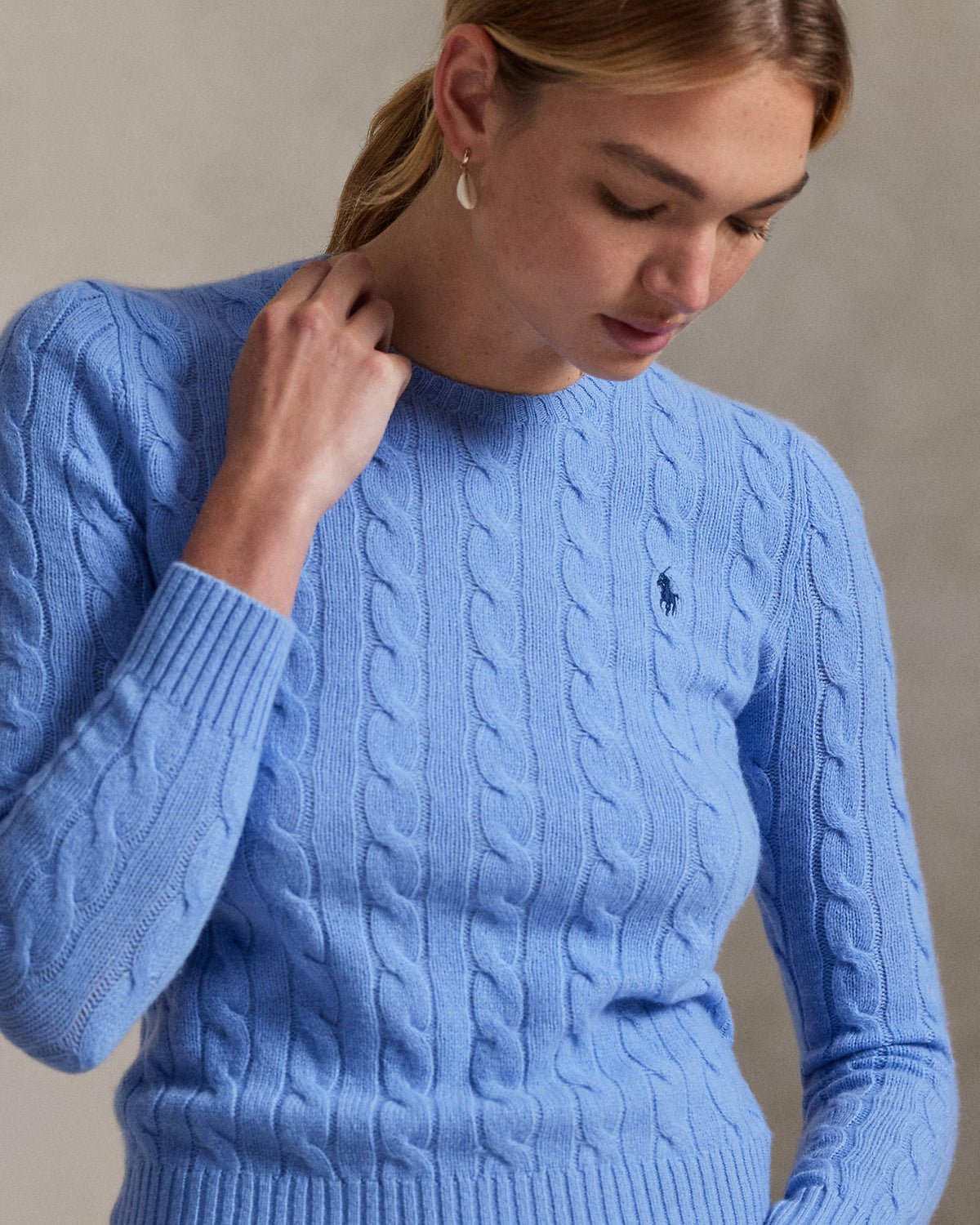 Polo Ralph Lauren Maglia Girocollo Trecce Lana Cashmere Blu Litchfield