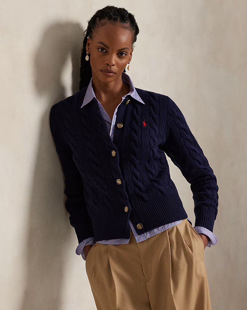 Polo Ralph Lauren Cardigan A Trecce Lana Cashmere Blu Cacciatore