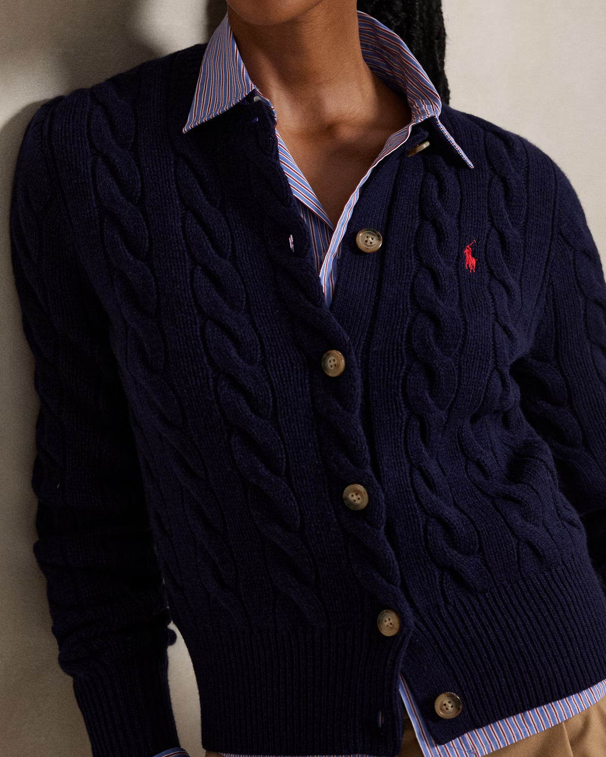 Polo Ralph Lauren Cardigan A Trecce Lana Cashmere Blu Cacciatore