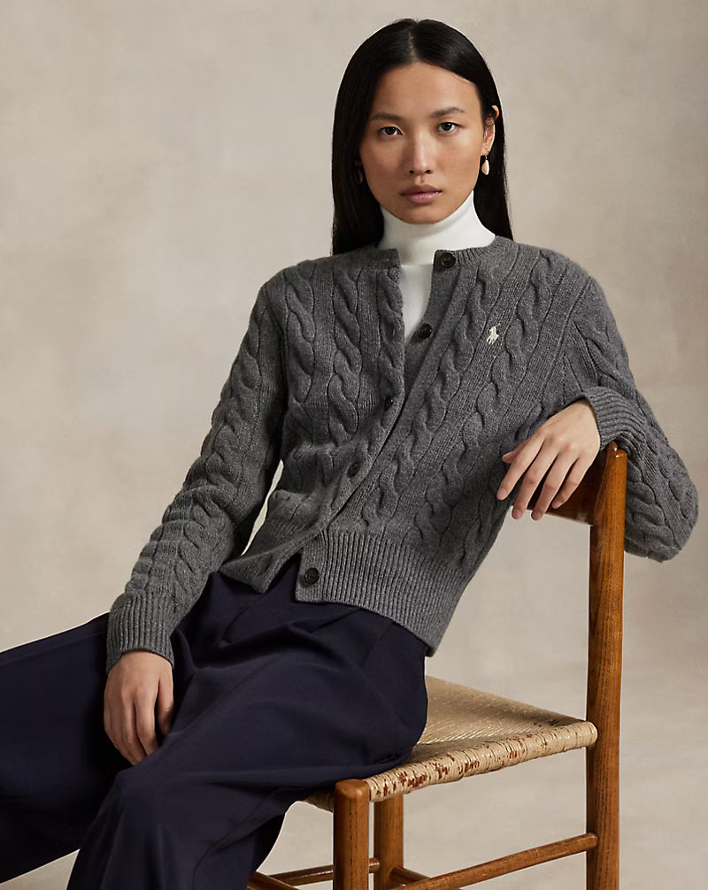 Polo Ralph Lauren Cardigan A Trecce Lana Cashmere Grigio Melange