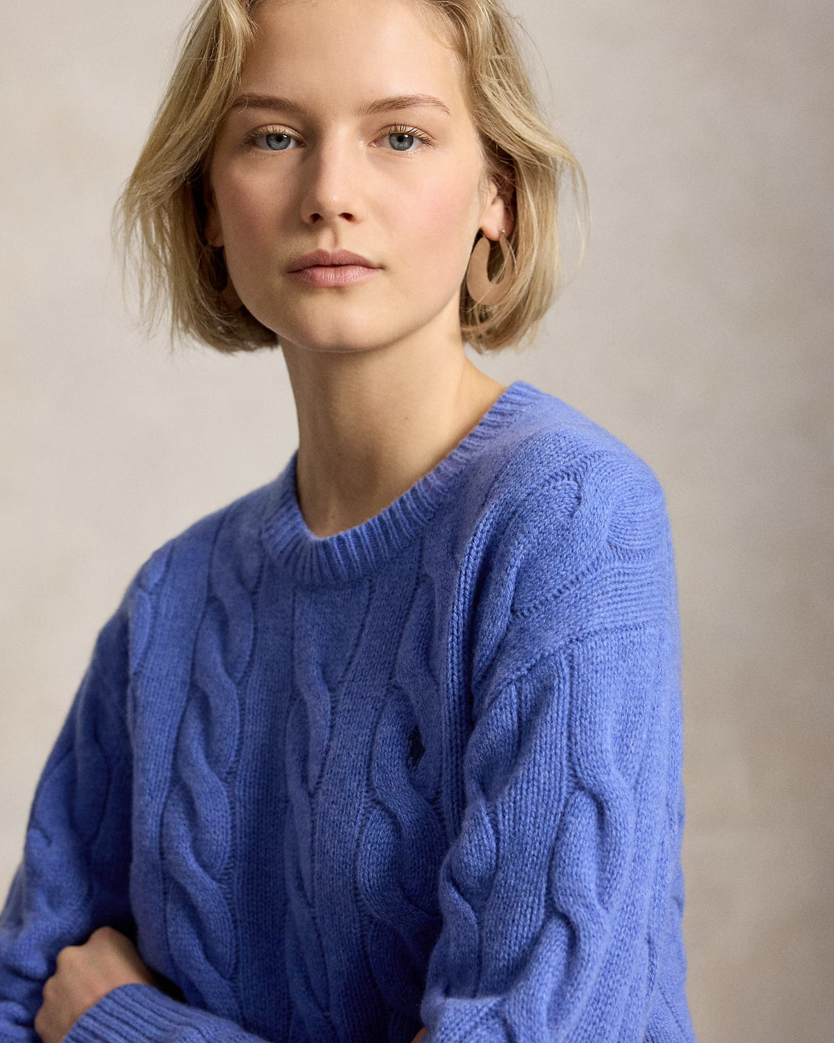 Polo Ralph Lauren Maglia Lana Cashmere A Trecce Blu Porto Mélange