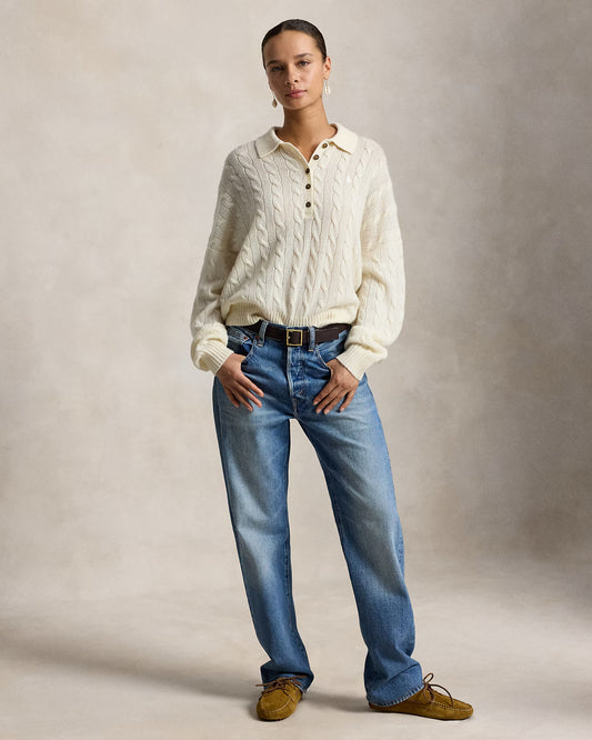 Polo Ralph Lauren Maglia Polo Lana Cashmere Trecce Panna
