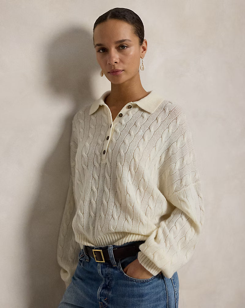 Polo Ralph Lauren Maglia Polo Lana Cashmere Trecce Panna