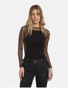 Dondup T-Shirt Girocollo Slim In Cotone E Tulle Nero - DS081 JS0320D XXX DD S26 999 - Semenzato Abbigliamento